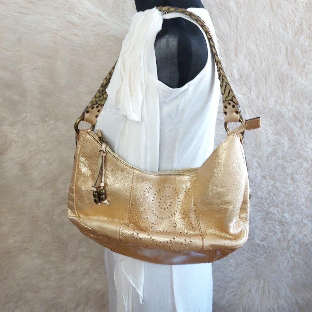 Vintage Fossil 75082 Metallic Gold Leather Cut out Circle Pattern Hobo Bag